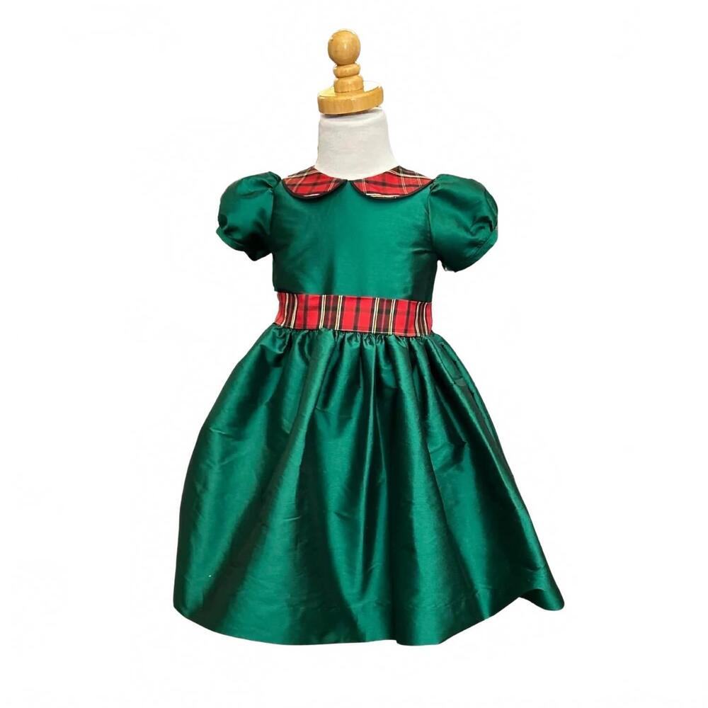 NEW SUSANNE LIVELY girl's faux silk dress with plaid collar in green